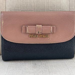 Miu Miu Women Wallet Trifold Cardholder Black/Pink Leather Clutch Wristlet Purse